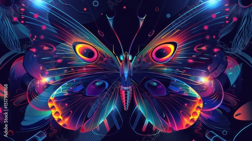 Glowing butterfly with colorful wings and geometric patterns on black pop art background.