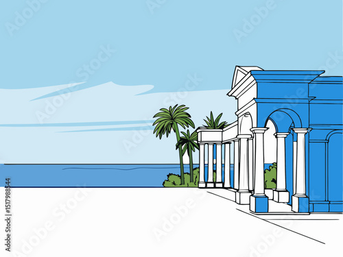 Ancient colonnade with sea view in Greece, Mediterranean summer style, bright atmosphere