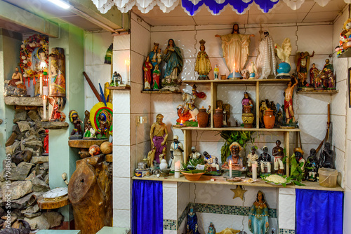 Altar inside a typical Umbanda temple in Brazil with its saints and entities