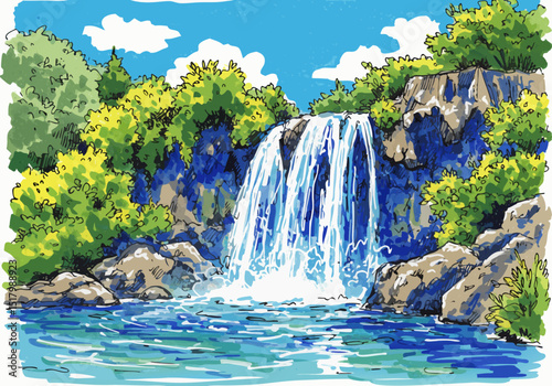Waterfall cascading down rocks surrounded by lush greenery and blue sky  