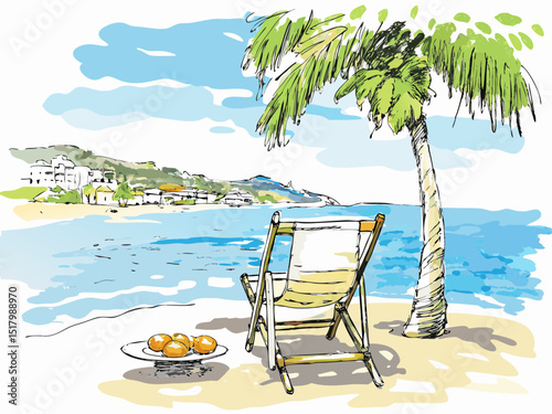 Tropical beach scene with lounge chair and palm tree by the sea  