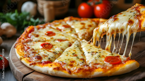 Wallpaper Mural Mouthwatering margherita pizza with stringy melted cheese on a wooden board Torontodigital.ca