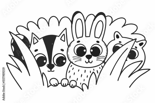 Cute cartoon animals hiding in grass