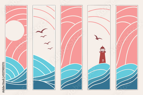 Coastal sunset seascape panels with lighthouse