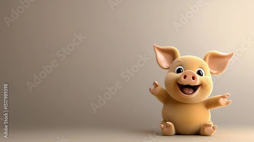 Cheerful cartoon pig character with a joyful expression, set against a neutral background
