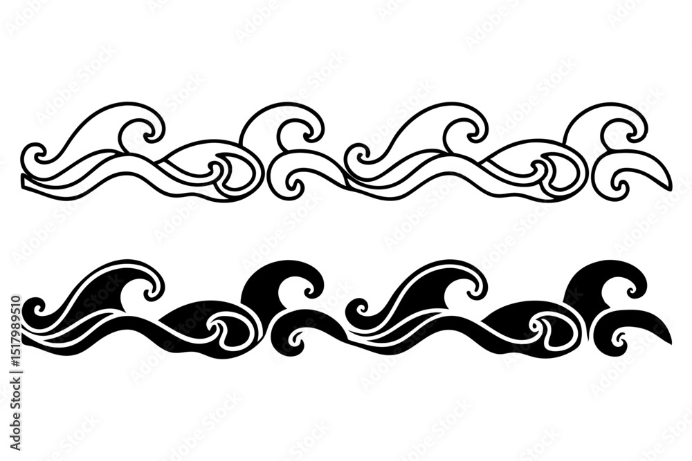 Fototapeta premium Sea wave border design outline and filled