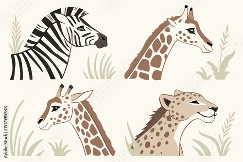 African safari animals headshots illustration