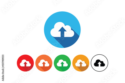 Colorful cloud upload icon set representing data transfer and online storage