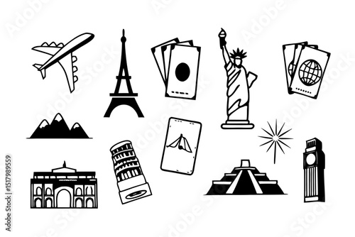Travel icon set airplane eiffel tower statue of liberty