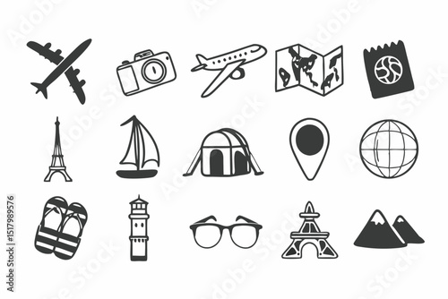 Travel icons set airplane camera map passport eiffel tower