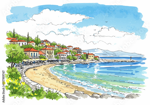 Coastal village with sandy beach and colorful houses under blue sky  