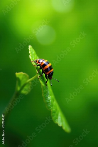 A Tiny Striped Beetle on a Vibrant Green Leaf in Nature's Embrace