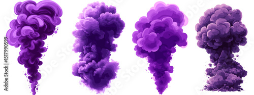 Explore a captivating collection of four vibrant purple smoke clouds, perfect for enhancing dynamic visual effects in digital art, illustrations, and designs.