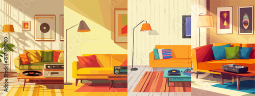 A vibrant vector illustration showcasing a modern living room design. Features a cozy sofa, artistic decor, and retro record players, perfect for home interior concepts.
