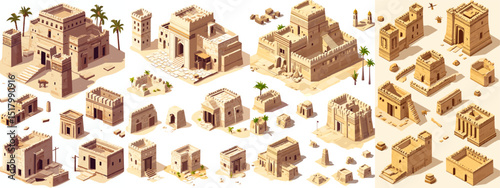 Explore a diverse collection of isometric desert-themed buildings and structures featuring adobe architecture, palm trees, and sandy landscapes, perfect for game design or architectural visu...