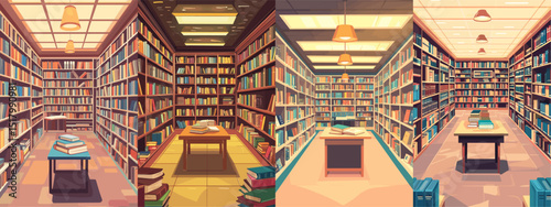 Explore a vector illustration of a modern library interior showcasing vibrant bookshelves, study tables, and warm lighting. Perfect for educational themes!