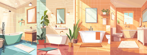Explore three stylish bathroom designs featuring vibrant color palettes, elegant fixtures, and natural light. Perfect for home decor inspiration.