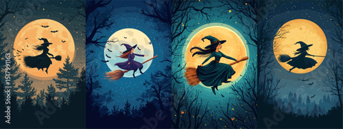 This captivating illustration features four witches soaring on their broomsticks against a luminous full moon. Each scene is surrounded by eerie trees and bats, evoking a mystical Halloween...