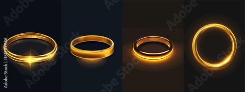 A stunning collection of elegant golden rings, showcasing various designs and glowing effects. Perfect for wedding or engagement themes.
