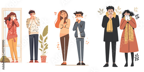 A vector illustration featuring four characters showing a range of emotions. They are dressed in diverse outfits, with a variety of colors and styles, reflecting different moods and settings...