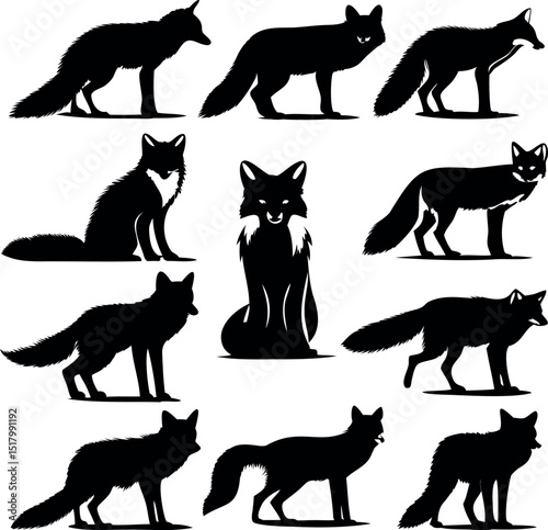 Collection of stylized fox silhouettes in various poses and arrangements