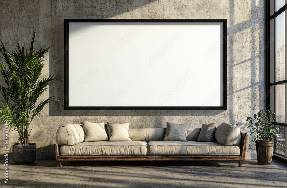 Fototapeta premium Modern interior with blank frame and couch
