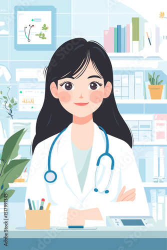 A cheerful female doctor in a white coat, with a stethoscope around her neck, standing confidently in a bright clinic environment filled with plants and medical supplies.
