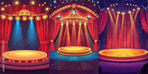 A set of three colorful stage backgrounds featuring decorative curtains and bright spotlights. Perfect for theatrical performances, events, or presentations.