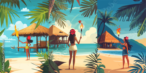 A vibrant tropical scene featuring women holding torches on a beach, surrounded by palm trees and beach huts. This digital illustration captures the essence of adventure and relaxation by th...