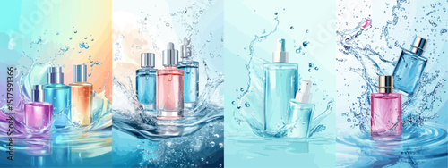 A captivating trio of perfume bottles in vibrant colors, surrounded by splashes of water on bright gradient backgrounds. Ideal for beauty and fragrance marketing.