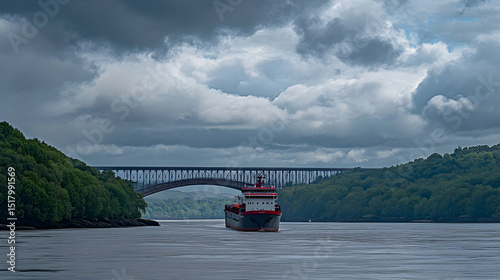 Wallpaper Mural Cargo ship navigates waterway under a majestic bridge on a cloudy day Torontodigital.ca