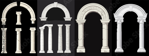 A collection of beautifully detailed vector illustrations showcasing classical arch designs and columns. Ideal for architectural projects and historical themes.