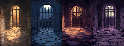 Explore the atmospheric depiction of medieval dungeon gates in various lighting. Each scene portrays captivating shadows and rich textures, evoking a sense of mystery and history. Perfect fo...