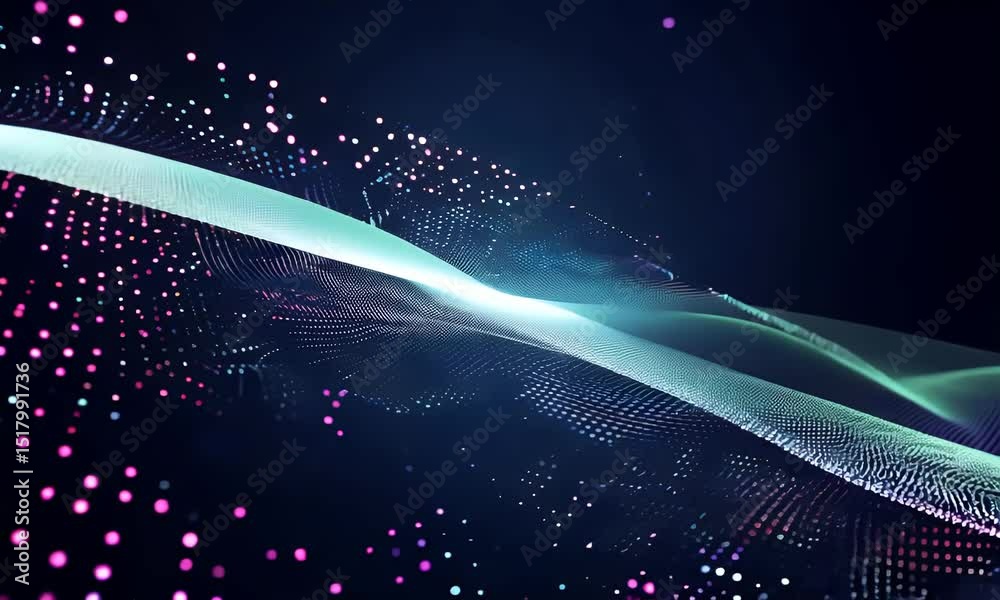 Futuristic digital wave made of glowing blue particles flows across a dark blue background, representing abstract technology, data streams, or energy motion in a high-tech concept.