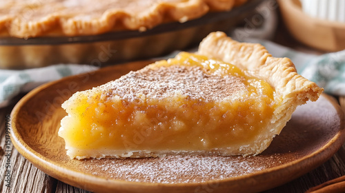 Wallpaper Mural Delicious apple pie slice with golden filling, rustic wooden plate and powdered sugar Torontodigital.ca