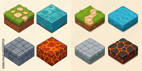 A vibrant isometric tile set ideal for game design, showcasing various textures including grass, water, dirt paths, and rocky surfaces. Perfect for creating engaging landscapes!