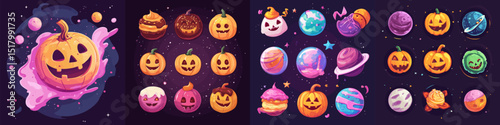 A collection of playful Halloween-themed vector illustrations showcasing smiling pumpkins and colorful planets. Perfect for seasonal designs, Halloween events, or festive graphics.