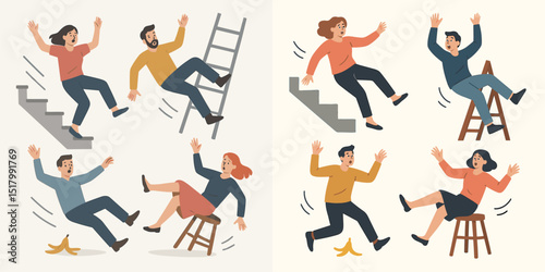 A whimsical vector illustration depicting characters in various funny accident scenarios, including slipping on stairs, falling from stools, and a surprise banana peel. Perfect for comedic c...