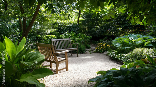 Wallpaper Mural Tranquil garden hideaway: Benches nestled within lush greenery, perfect spot to relax Torontodigital.ca