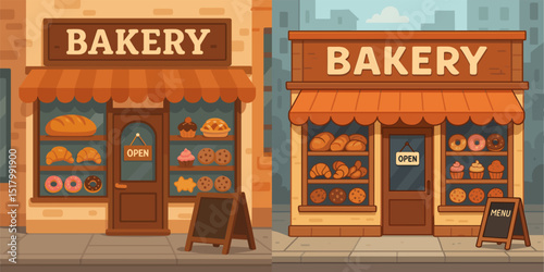 Explore two charming bakery facades featuring colorful displays of baked goods. Perfect for food-related projects, showcasing warmth and creativity in your designs.
