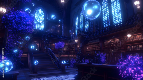 Wallpaper Mural Mystical Library Ambiance with Glowing Orbs and Illuminated Architectural Details Torontodigital.ca