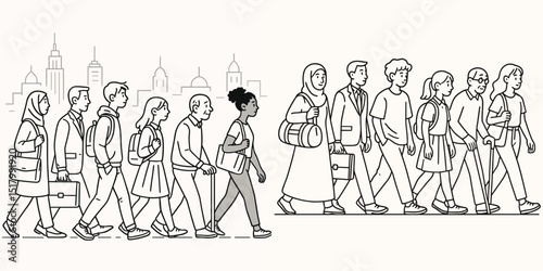 An illustrated vector featuring a diverse group of individuals walking in an urban environment, showcasing various cultures and activities. Ideal for presentations or educational materials.