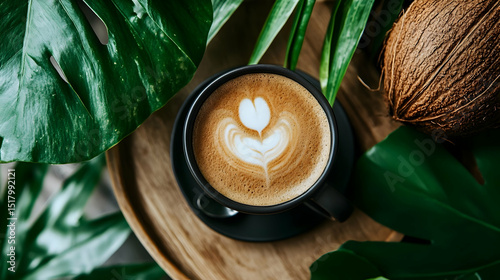 Wallpaper Mural Exotic latte art: a tropical coffee moment with fresh, vibrant foliage Torontodigital.ca