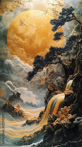 Wallpaper Mural Majestic waterfall under a glowing golden moon. Torontodigital.ca