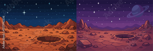 Explore a vibrant alien landscape split between a rocky surface and a purple twilight sky. Craters and distant stars create an otherworldly atmosphere perfect for imaginative projects.