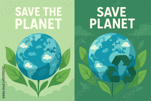 This vibrant vector illustration emphasizes the importance of saving the planet through imagery of Earth surrounded by green leaves. It combines eco-friendly themes and recycling symbols to...
