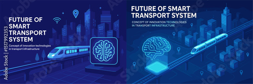 Explore the concept of a smart transport system featuring advanced technologies for urban infrastructure. Illustrations depict integrated transport solutions including trains and AI.  