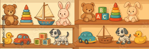 Charming illustration of a toy shelf filled with plush bears, rabbits, and colorful wooden toys like boats and cars, perfect for children's decorations.