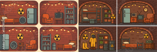 Explore a series of warm, cartoonish underground shelter designs featuring cozy beds, vintage appliances, and safety gear, ideal for post-apocalyptic or survival themes.