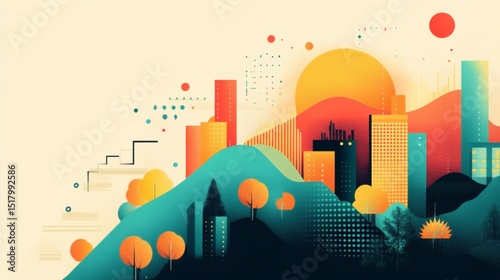 Abstract city landscape at sunset with stylized buildings and hills.